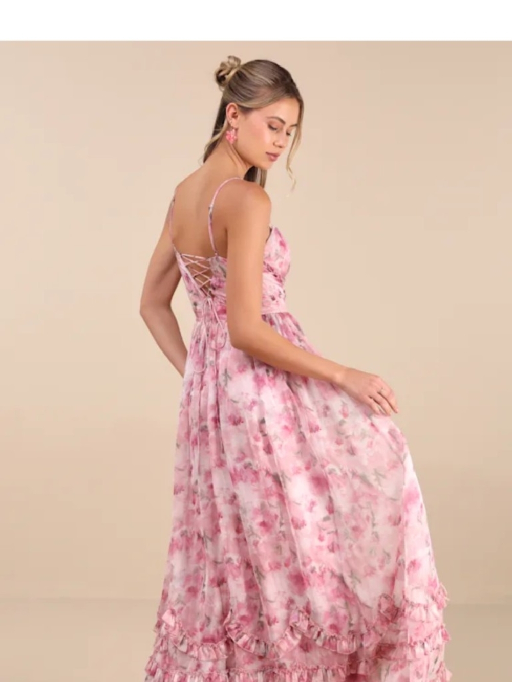 Novella Pink Floral Ruffled Bustier Lace-Up Maxi Dress -
Lulu's - Picture 12 of 14